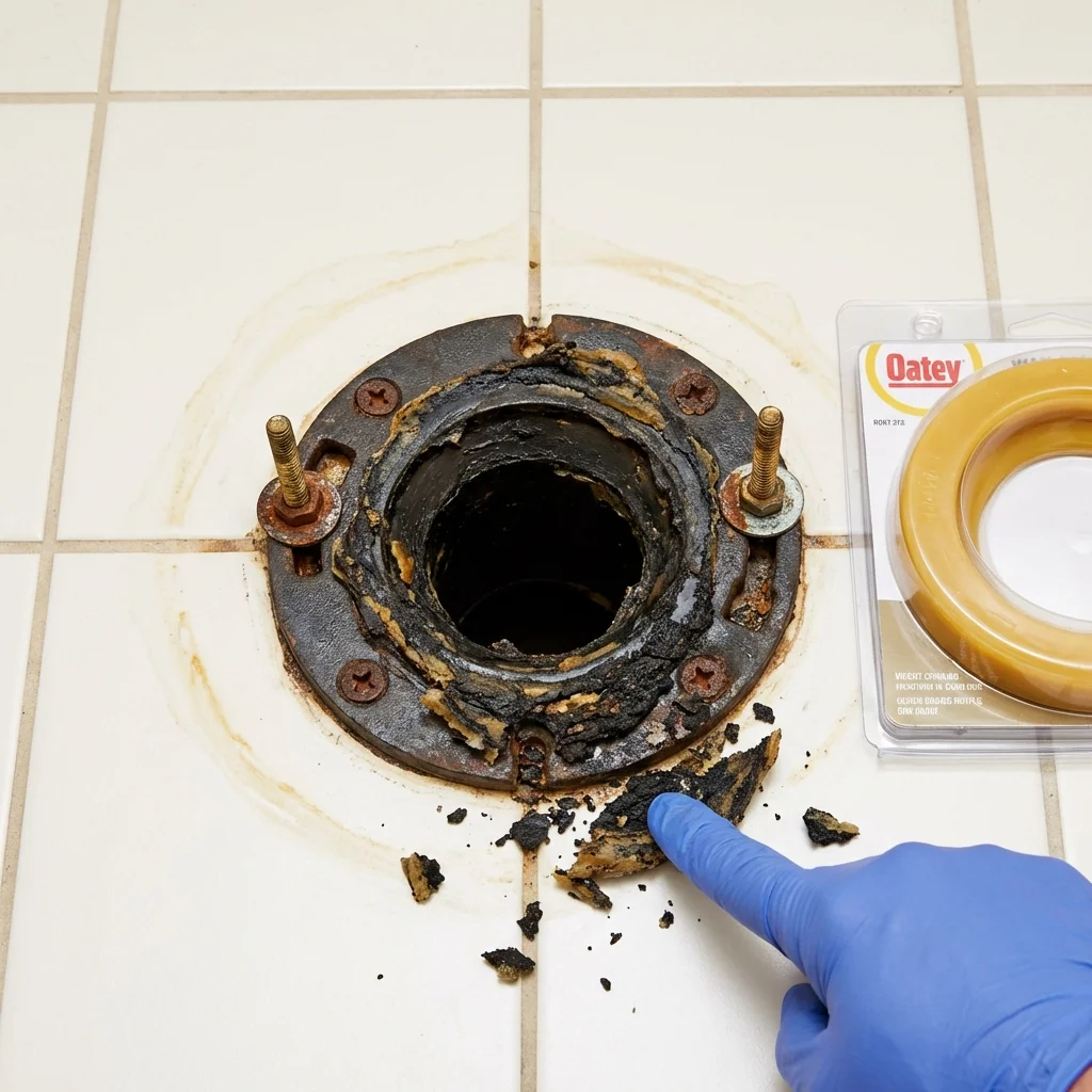 Failed wax ring showing water seepage at the base of a toilet in a DeLand, FL home