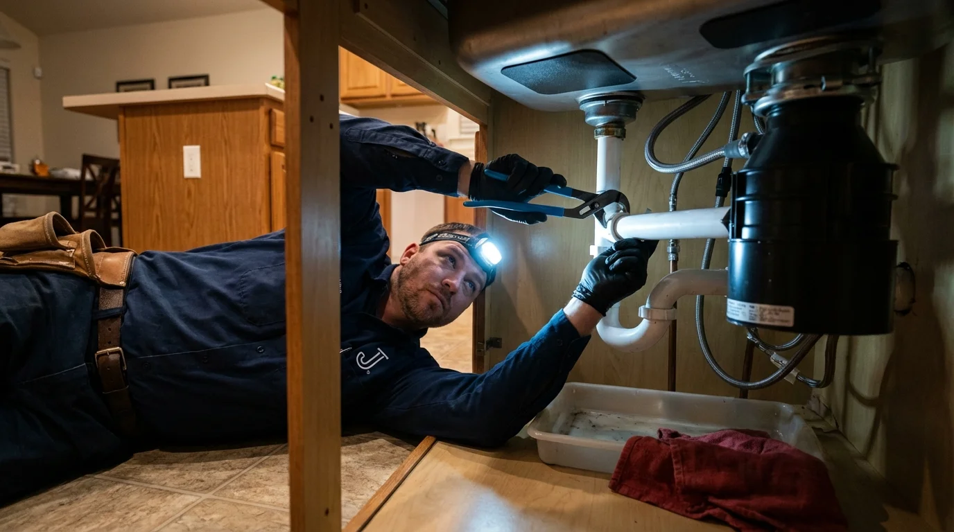 P-trap and supply line connections under a kitchen sink showing a common leak point in DeLand, FL